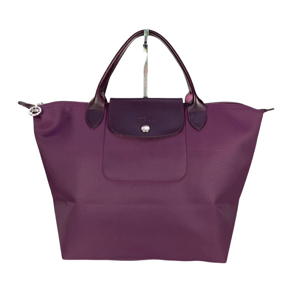 Longchamp Le Pliage Neo Purple Nylon Tote Bag Small Zip Top Leather Trim
